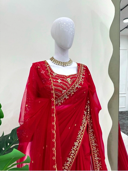 Georgette Designer Saree with Silk Blouse-Red-3