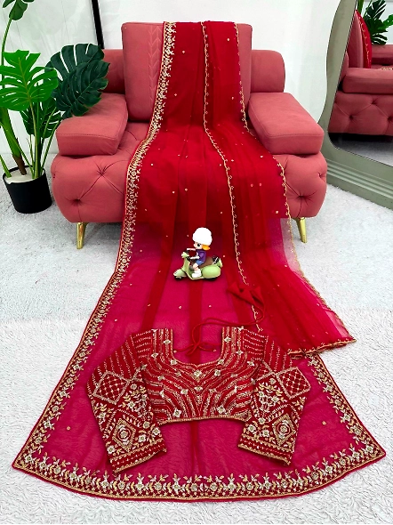 Georgette Designer Saree with Silk Blouse-Red-5