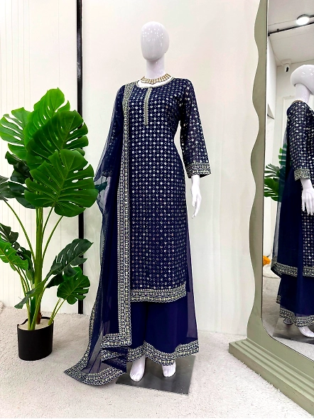 Navy blue Georgette suit adorned with exquisite gold embroidery work.