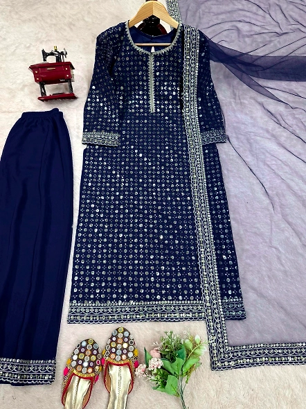Navy blue embroidered Georgette suit set showcasing detailed gold work.