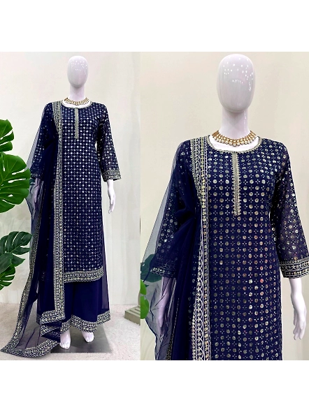 Navy blue Georgette suit set featuring intricate gold embroidery details.