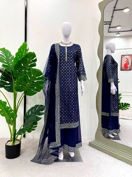 Elegant navy blue embroidered suit set with gold accents on Georgette fabric.