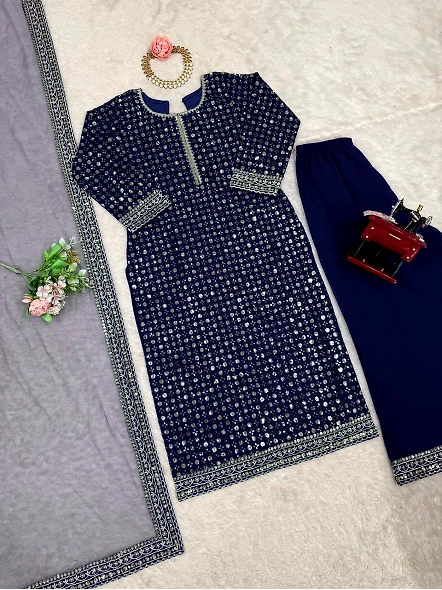Blue Georgette Suit Set with Work