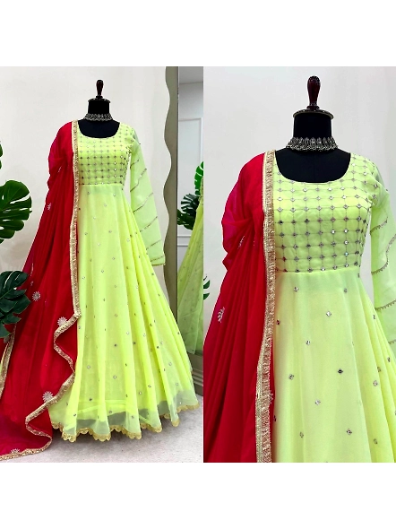 Yellow and red anarkali suit made of Georgette, featuring intricate work and a flowing silhouette.