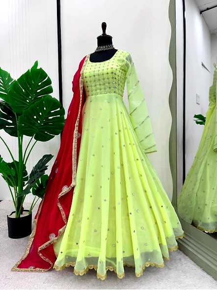Vibrant yellow and red anarkali suit crafted from Georgette, showcasing beautiful decorative work.
