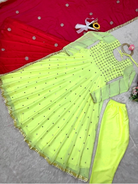 Bright yellow and red anarkali suit in Georgette fabric, adorned with intricate work for a stunning 