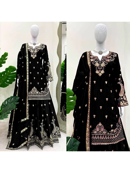 Black Chinon silk lehenga suit with intricate gold embroidery, showcasing elegant traditional design