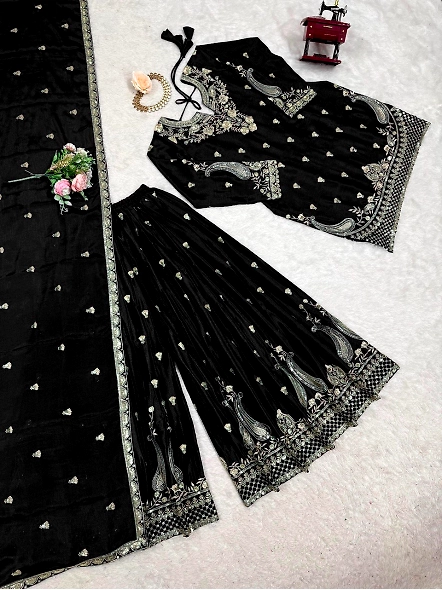 Stylish black lehenga suit made of Chinon silk, embellished with exquisite gold embroidery for a gla