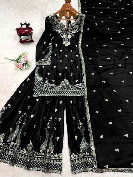 Black Chinon Silk Suit