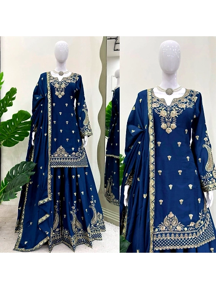 Elegant blue embroidered anarkali suit in Chinon silk, featuring stunning gold embroidery for a fest