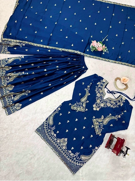 Stunning blue Chinon silk anarkali suit with exquisite gold embroidery, ideal for cultural events an