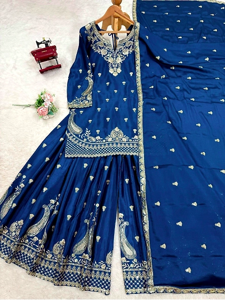 Blue Chinon Silk Suit