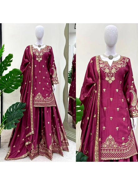 Brown Chinon silk anarkali suit with intricate gold embroidery, showcasing elegant traditional desig