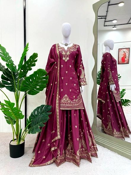 Elegant brown embroidered anarkali suit in Chinon silk, featuring stunning gold embroidery for a fes