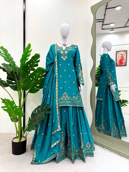 Elegant cyan suit featuring gold embroidery, crafted from soft brown Chinon silk.