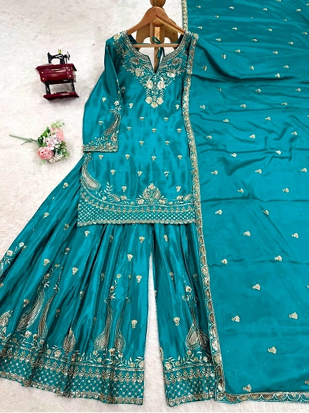 Cyan Chinon Silk Suit