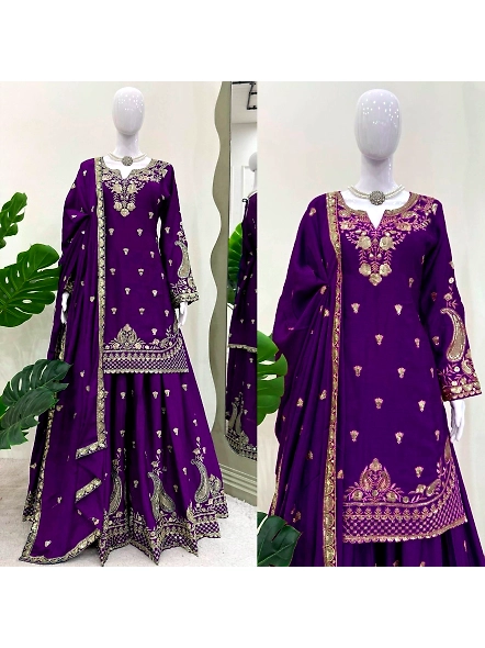 Elegant purple lehenga suit made of Chinon silk, adorned with beautiful gold embroidery for a stunni
