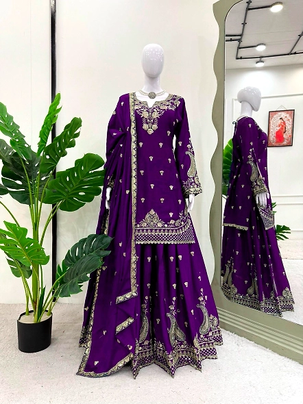 Elegant purple lehenga suit made of Chinon silk, adorned with beautiful gold embroidery for a stunni