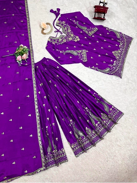Chic purple Chinon silk lehenga suit embellished with gold embroidery, perfect for festive occasions