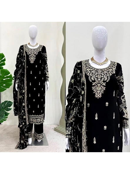Black Georgette suit set featuring intricate gold embroidery, showcasing elegant craftsmanship and d