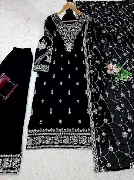 Stylish black Georgette suit set with detailed gold embroidery, ideal for enhancing formal attire.