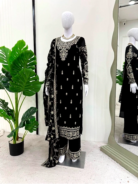 Black Georgette suit set with exquisite gold embroidery, highlighting a sophisticated and stylish ap
