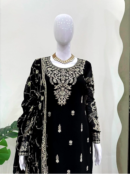 Chic black suit set in Georgette fabric, embellished with exquisite gold embroidery for a luxurious 