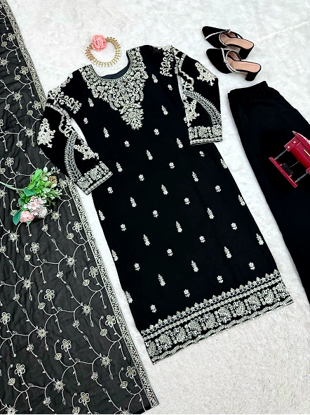 Black Georgette suit set with stunning gold embroidery, highlighting a sophisticated and stylish app