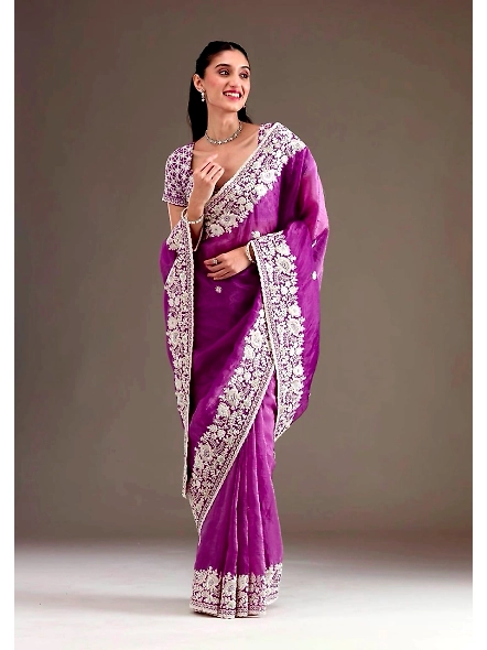 Premium Gold Crush Silk Saree with Designer Embroidery Work-Purple