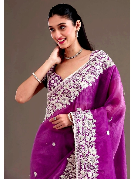 Premium Gold Crush Silk Saree with Designer Embroidery Work-Purple-2