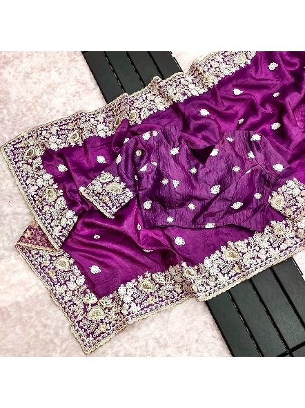 Premium Gold Crush Silk Saree with Designer Embroidery Work-Purple-3