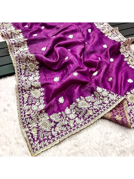 Premium Gold Crush Silk Saree with Designer Embroidery Work-Purple-4