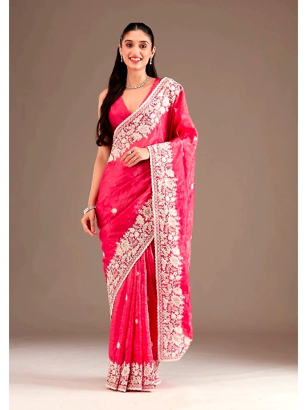 Premium Gold Crush Silk Saree with Designer Embroidery Work-BT1265_Red