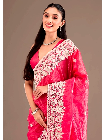 Premium Gold Crush Silk Saree with Designer Embroidery Work-Red-2