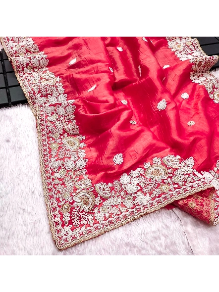 Premium Gold Crush Silk Saree with Designer Embroidery Work-Red-4