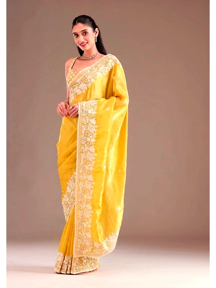 Premium Gold Crush Silk Saree with Designer Embroidery Work-Yellow-1