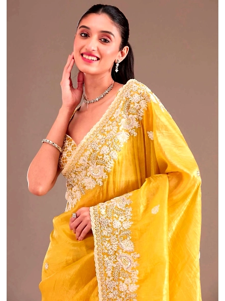 Premium Gold Crush Silk Saree with Designer Embroidery Work-Yellow-2