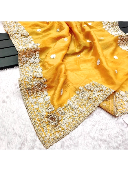 Premium Gold Crush Silk Saree with Designer Embroidery Work-Yellow-4