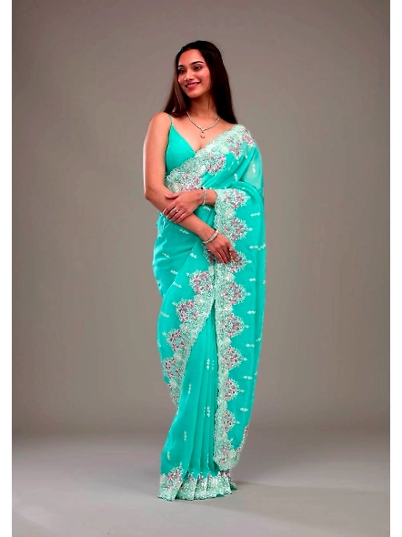 Premium Crunchy Saree with Sequence Work-BT1266_Cyan