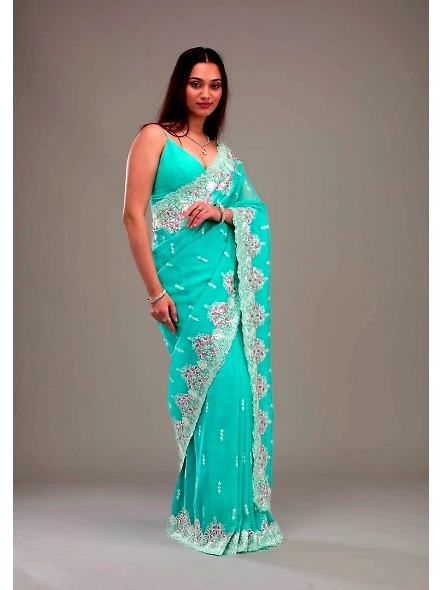 Premium Crunchy Saree with Sequence Work-Cyan-1
