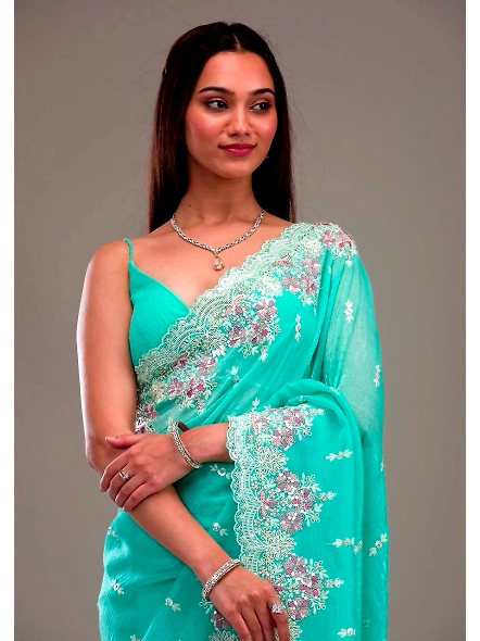 Premium Crunchy Saree with Sequence Work-Cyan-2