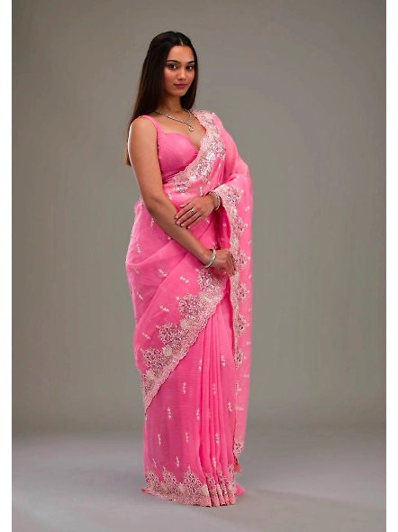 Premium Crunchy Saree with Sequence Work-Pink-1