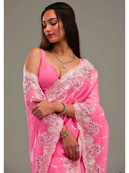 Premium Crunchy Saree with Sequence Work-Pink-2