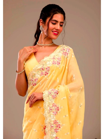 Premium Crunchy Saree with Sequence Work-Yellow-2