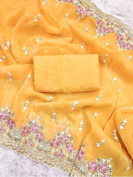 Premium Crunchy Saree with Sequence Work-Yellow-4