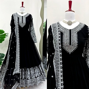 Black Embroidered Anarkali Suit Set