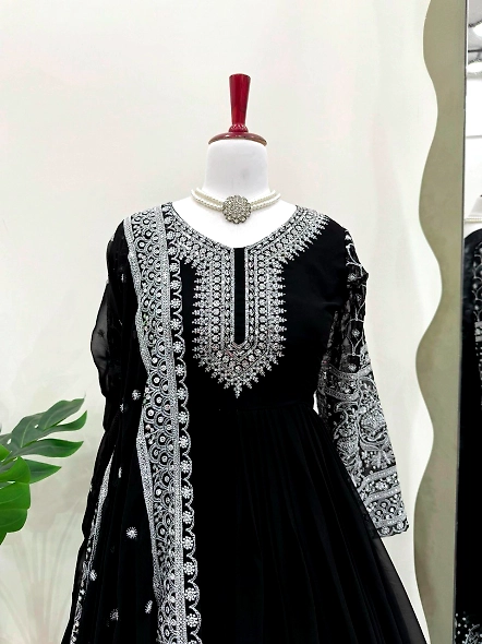 Stunning black Georgette anarkali suit adorned with embroidery, paired with a matching embroidered d