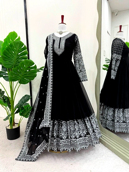 Black embroidered anarkali suit set featuring a stylish dupatta, made from luxurious Georgette fabri