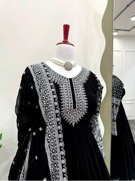 Black embroidered anarkali suit with a coordinating dupatta, made from Georgette, highlighting exqui