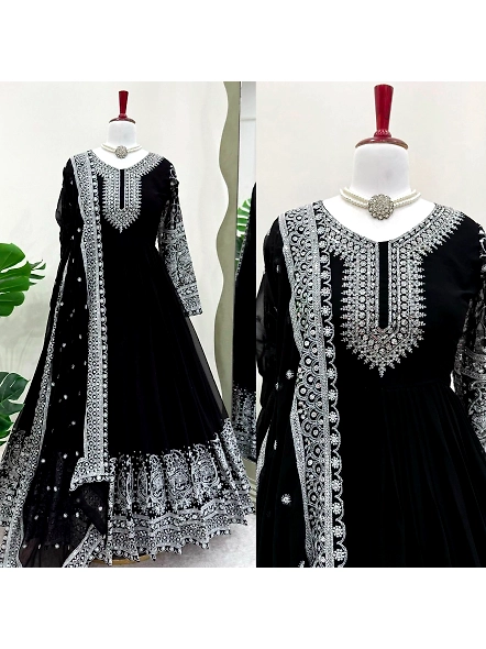 Black embroidered anarkali suit set with a matching dupatta, crafted from Georgette fabric, showcasi
